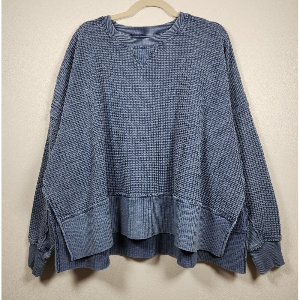 AE Feels Seriously Lived In Boho Blue Oversized Sweatshirt Crewneck Waffle Med